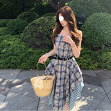 Blue Tie-Dye Splicing Lattice Sling Dress Femininity Summer Temperament Holiday Style Thin Irregular Long Skirt
