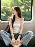 2026 Lace Splicing Sexy Bare Back Short Sleeve T-Shirt Girl Blue Slimming Hottie Thin Word Shoulder Short Model