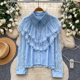 French Light Luxury Famous Heavy Industry Nails Beads To Spliced Long-Sleeved Lace Top Lady Autumn Body Bottom Shirt