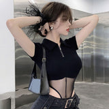 Hottie Style Sexy Mesh Splicing Short-Sleeved T-Shirt Women's Summer Design Feels Waist Tight Thin Body Blouse