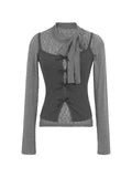 Pure Lust Gray Half-High Collar Bow Lace Lace Women's Clothing Early Autumn Folded Two Sets Of Bottom Tops