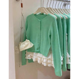 KANING High-End Feel Apple Green Lace Knitted Cardigan 2026 Outside With A Loose Lazy Sweater Jacket