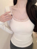 Korean Women Pure-Frelish Pink Long-Sleeved Bottom Shirt Women's Autumn New Lace With Chest Cushions Removable Top