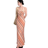French Sexy Orange White Striped Dress Women Summer Waist Thin Open Fork Temperament Holiday Dress Tide