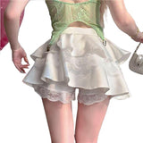Lace Splicing With Half-Dress Lady Summer High Waist Thin A Word Ponmp Short Skirt Sweet Spicy Folded Skirt