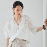 Real Shooting A Large Number Of Goods Summer New Heavy Industry Embroidery Women's Perspective Women's Baseball Lace Shirt Sunscreen Air Conditioning Top