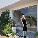 Black Hanging Neck Sexy Out-Shoulder Dress Repair Pocket-Length Dress Small Black Dress