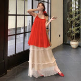 Dopamine Wears Red Bare Shoulder-Backed Neck Chiffon Shirt + Holiday Wind Skirt Skirt Long Skirt Two Sets
