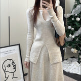 KANING Elegant Open Fork Bottom Sweater Half-Dress Two Sets 2026 Autumn New Fashion Knitting Suit Woman