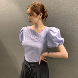 South Korea's New Summer Temperament Irregular Collar Design Sense Of Small Pressure Folding Bubble Sleeve Shirt Woman