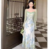 Pure Lust Lace Stitching Print Sling Dress Women's Summer French Temperament Holiday Dress Opener Two Sets