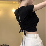 Spice Girls Are Shoulder-Repair Short-Sleeved T-Shirt Girls Summer Design Feeling Back Sicense Sleeve Rope Small Short Blouse Tide