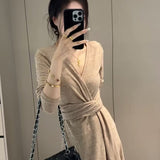 (Original Fabric) Temperament Strap V Tie Knot Dress Women's Autumn New Pure Lust Wind To Show Skinny Dress