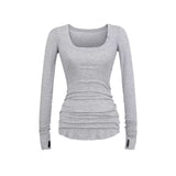 Spice Girl Paper Slightly T-Shirt Woman's New Lazy Windy Loose Thin U-Neck Long-Sleeved T-Shirt Woman's Long Model