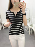 V Striped Short-Sleeved V-Neck Short-Sleeved T-Shirt For Women's Summer New Korean Version Of The Stylish Short-Sleeved Bottom Topess