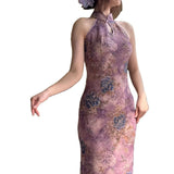 2025 Summer New Chinese Style Digging Shoulder Dripping Flower Cheongsam Purple Concatenation Dress Woman