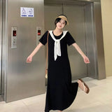Lace Stitching Black And White Crash Fake Cape Navy Dress Women's Summer French College Style Loose A-Word Dress