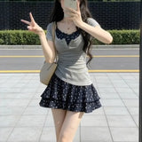Early Summer Wear Sweet Hottie Pure Breeze Half-Neck Gray Short-Sleeved T-Shirt + Broken Flower Sling Skirt Skirt Two Sets Of Women