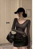 Spice Girls Sexy Slimper V-Neck Knitted T-Shirt Women's New Autumn Sunscreen Shirt Slim Thin Long-Sleeved Top