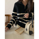 KANING Korean Version Of Half-Zip Soft-Creinous Striped Sweater 2026 Autumn New Retro Semi-High-Collar Knitted Shirt Woman