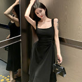 Gentle Wind-Fangd Tie Sling Solid-Colored Dress Summer Women French Height Waist Temperament Over The Knee Long Skirt