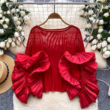 Light Luxury Famous Lady Shirt Women Summer Lotus Edge Thin Mesh Loose Royal Sister Temperament High-End Feel Blouse Tide