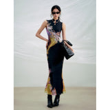 Street Wind Before And After Two Bumpy Color Printed Cheongsam Dress High-End Temperament Female Summer Bagged Hip Dress