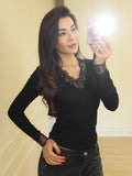 Purely Sexy New V-Neck Lace Lace Long-Sleeved T-Shirt Girl Spring And Autumn Hottie Slim Slimming Bottom Top Woman Tide