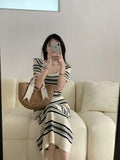 Fang Collar Dress Summer Women 2025 Seaside Holiday Striped Knitted Long Dress French Waist Skirt Temperament Elegant