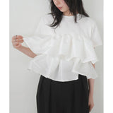 Real Shooting A Large Number Of Summer New Double-Layer Lotus Edge Spliced Women's Black And White Cotton Tops