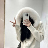 KANING Imitation Fox Fur Collar Knitted Cardigan 2026 Autumn And Winter New Hooded Double Zipper Short Coat Woman