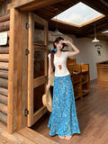 French Blue Oil Painting Floral Dress Girl Summer High-Waisted A-Shaped Dress Soft Dress Dress