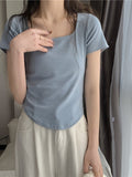 Pure Desire Ins Square Collar Korean Version Of Slimming Short-Sleeved T-Shirt Women's Summer Fashion Short Fashion Thin Bottom Shirt Topess Women T