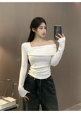 Sexy Hottie Velvet Wrinkled Body Shoulder Bottom Top Girl Spring And Autumn Pure Desire To Play Bottom Long-Sleeved T-Shirt