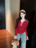 Korean Red Lattice Spliced Long-Sleeved T-Shirts For Girls In Spring And Autumn And Winter Repair Clothes And Fake Two Morning And Autumn Tops