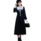 Autumn And Winter French Style Doll Collar Long Sleeve Tie Splicing Color Dress Girl Small Man Waist A Word Long Dress