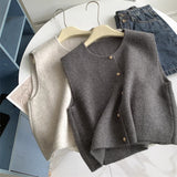 KANING Korean Round-Neck Solid Color Knitted Vest Women Stacked In Autumn And Winter New Single Buckle Loose Outer Sweater