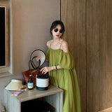 French Slings A Word Shoulder Green Dress Women 2025 Summer New Loose Shoulder-Sensitive Dress