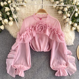 Design Sense Of Irregular Lotus Leaf Side Mesh Shirt Women Spring Autumn Folded Small Group To Repair Chic Top Tide