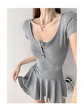 Pure Lusty Age-Dexive Gray U Collar Button Short Sleeve Dress Women Summer Waist Sports Atmosphere A Short Skirt Women