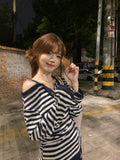 Korean Striped Fake Two-Word Shoulder Long-Sleeved T-Shirt Women's Spring And Autumn Lazy Sweet Hottie Top Loose Thin
