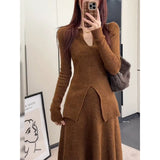 KANING Elegant Open Fork Bottom Sweater Half-Dress Two Sets 2026 Autumn New Fashion Knitting Suit Woman