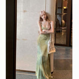 Vintage Cold Light Green Pure Desire Hanging Dress Summer New Printed Dress Temperament Green Niche Thin