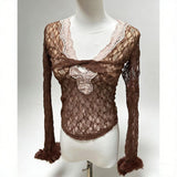Fashiony Hottie Sexy Lace Splicing Long-Sleeved T-Shirt Girl Spring New Body Folding Blouse