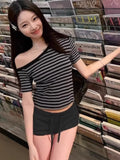 Spice Girls Sexy Slanted Side-Striped Short-Sleeved T-Shirt Girl Summer Body-In-Red Short-Hitting Blouse Woman T