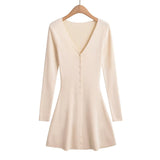 Spicuous Single Buckle Short A-Word Long-Sleeved V-Neck Dress Women's Autumn And Winter Small Slim Slimming Knitted Skirt