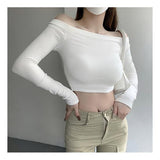 Ins Sexy Babes A Word Shoulder Short-Sleeved T-Shirt Girl Autumn Pure Want To Show Up Shoulder T-Shirt Bottom Thread Top