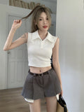 Fashion Hottie Style Sexy Polo Tie Sling Vest Women Summer Design Sense Slim Slim Short Top