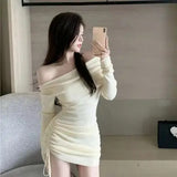 Hottie Pure Lusty Sexy Shoulder Super-Scinched Little Man Tight-Buff Dress 2025 Autumn And Winter New
