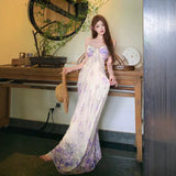 Net Yarn Holiday Style Purple Broken Flower Sling Dress Female Summer Sexy Bare Backpack Hip Dress Is Beautiful